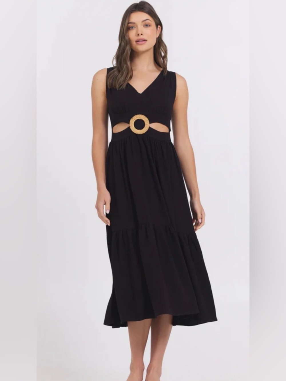 NWT Black Cutout Midi Dress with Ring Accent Size Small Linen and Viscose